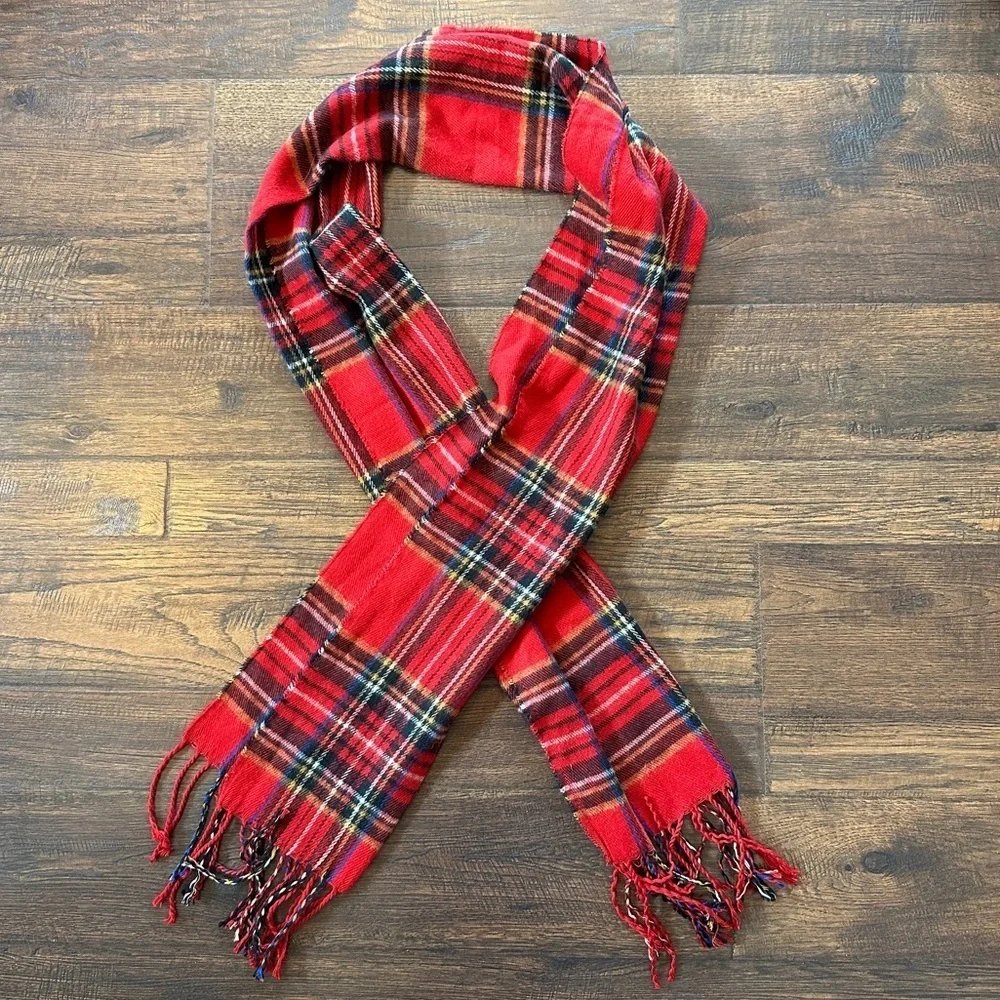 Red Tartan Plaid Scarf with Fringe Ends